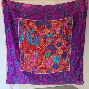 Liz Claiborne Vintage 80's Purple Red Silk Floral Square Scarf Made in Japan